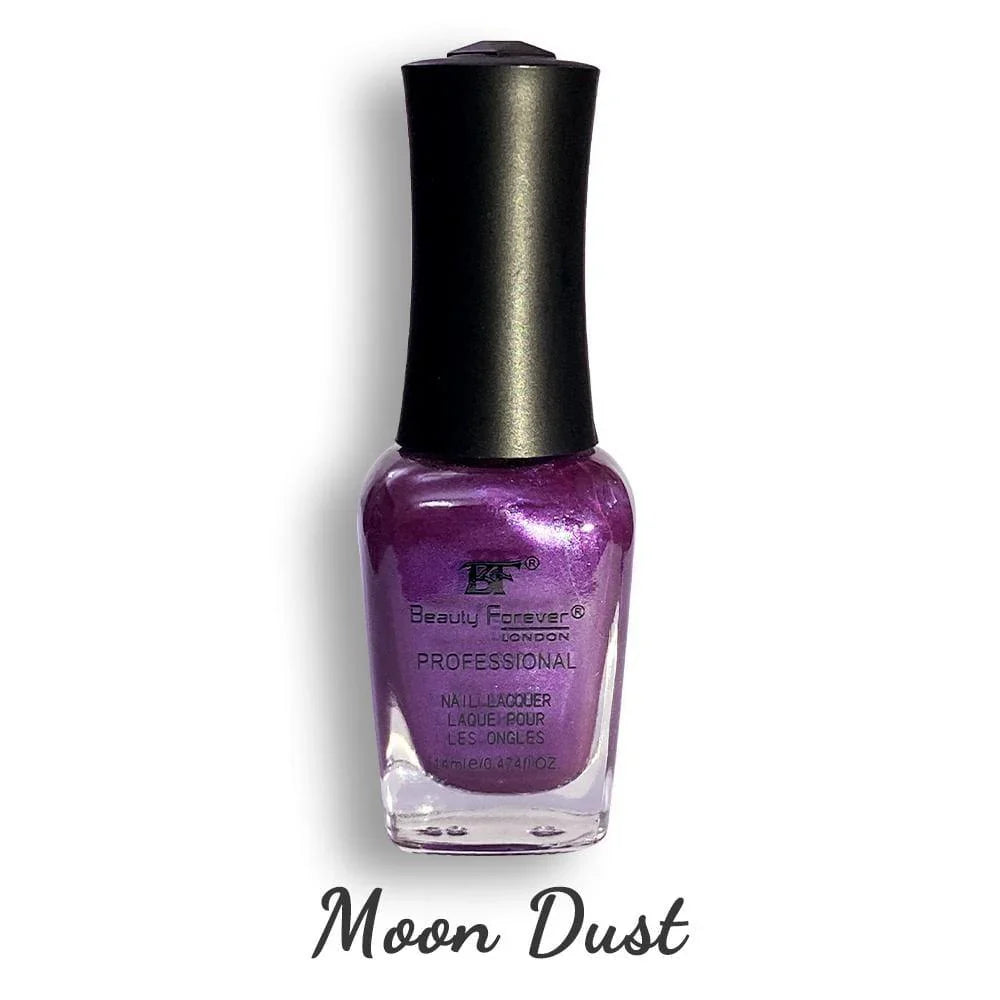 Beauty Forever BF professional nail lacquer in moon dust shade, 14ml bottle, showcasing a shimmering metallic nail polish.
