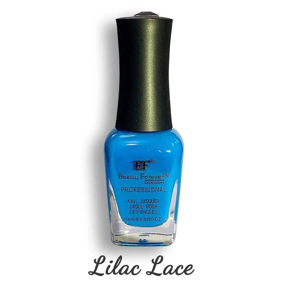 Beauty Forever Professional Nail Lacquer in lilac lace color, 14ml bottle, showcasing shiny, smooth nails with lilac polish.