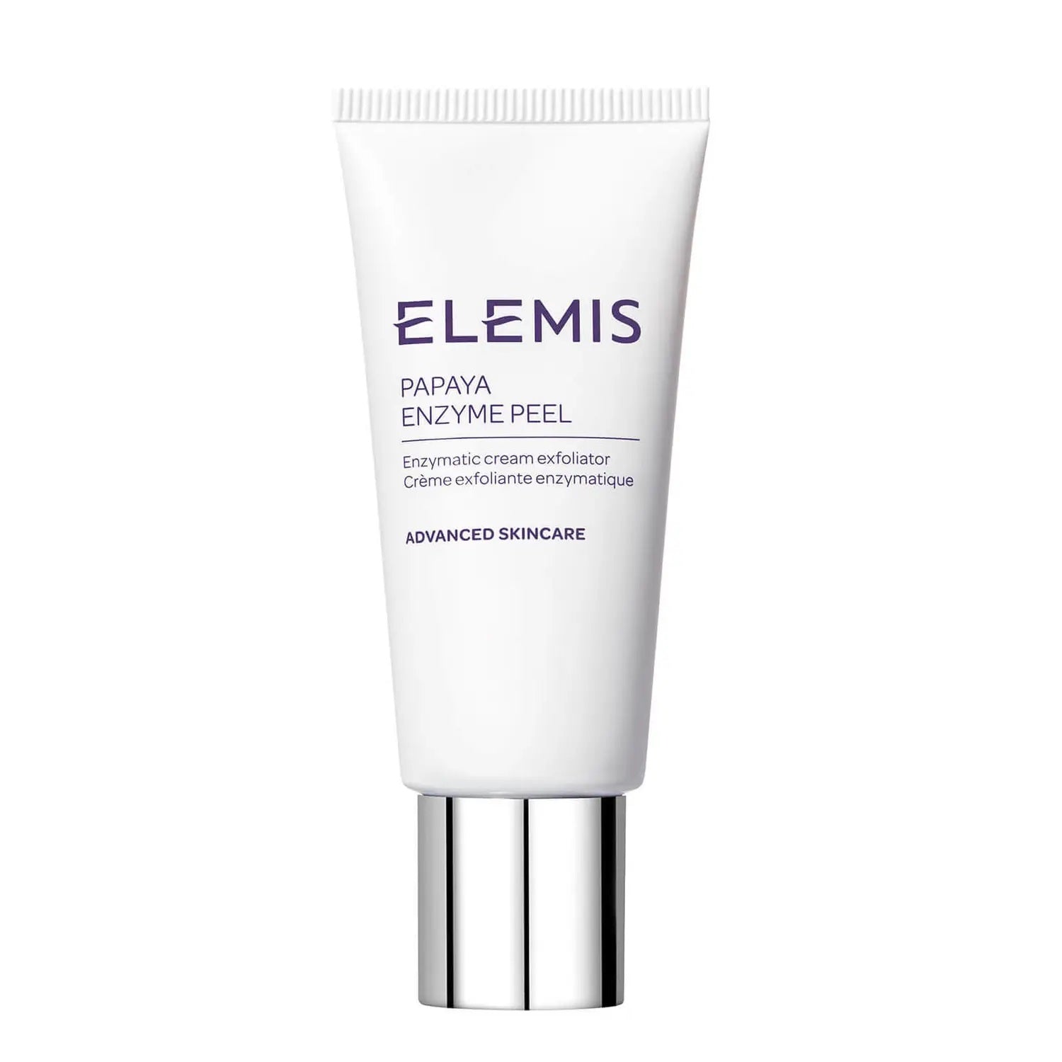 Elemis Papaya Enzyme Peel in 50ml bottle, a facial cleanser with natural fruit enzymes, shown in a skincare product image.