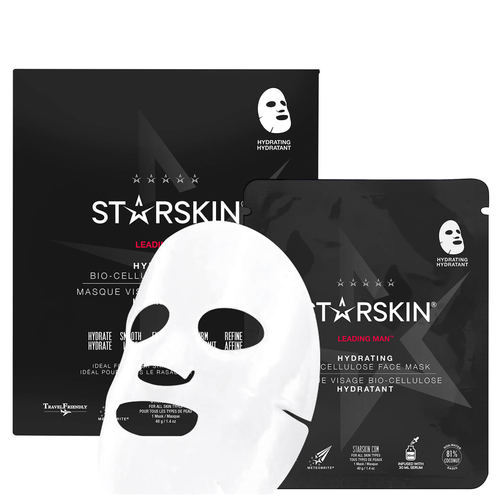 Grace Beauty STARSKIN Leading Man Hydrating Coconut Bio-Cellulose face mask, 40g, soothing skincare treatment for men.