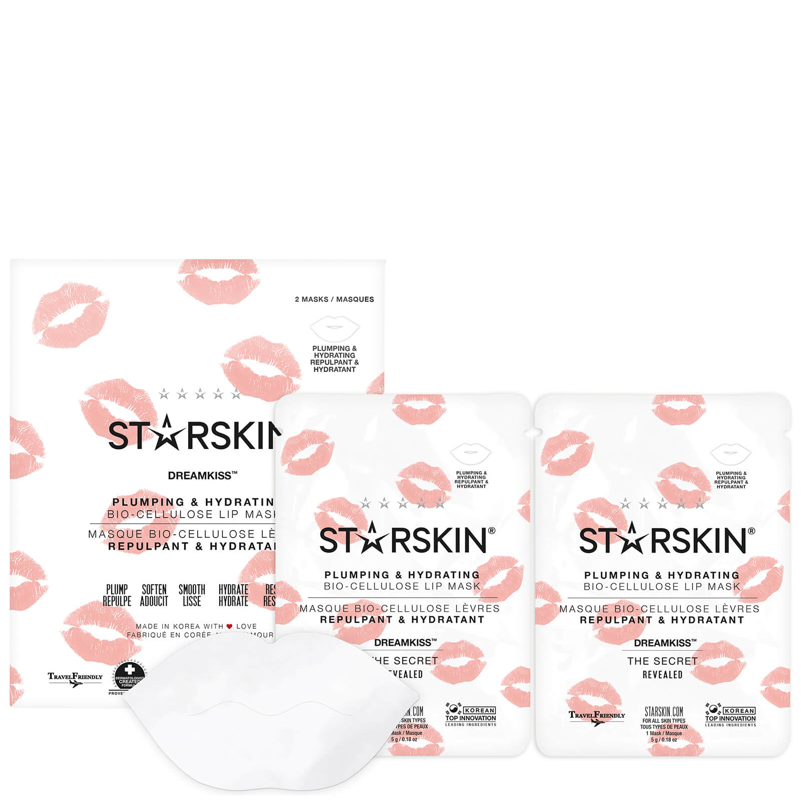 Grace Beauty STARSKIN DREAMKISS™ lip mask set with two bio-cellulose plumping and hydrating skin care masks on a white background.