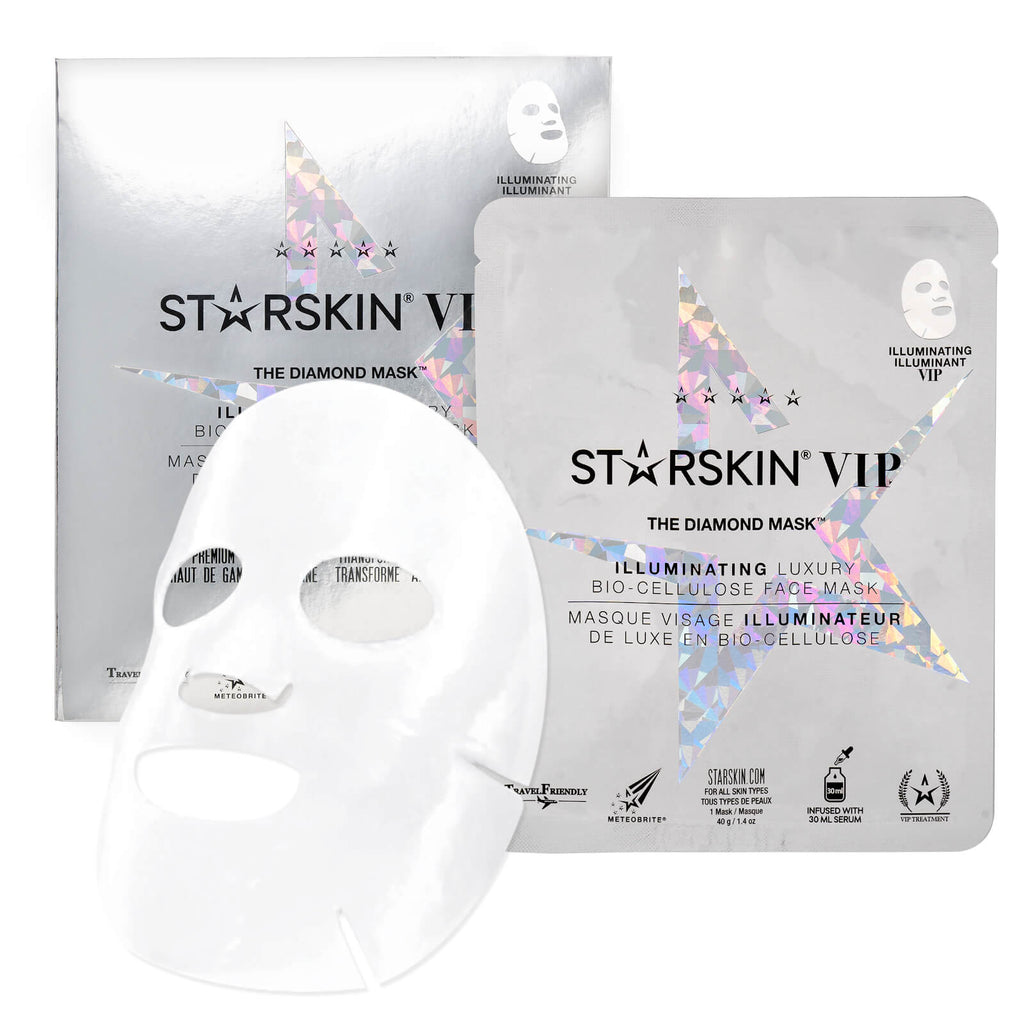Grace Beauty STARSKIN The Diamond Mask VIP illuminating coconut bio-cellulose face mask on skin, showing its luxurious texture and design.
