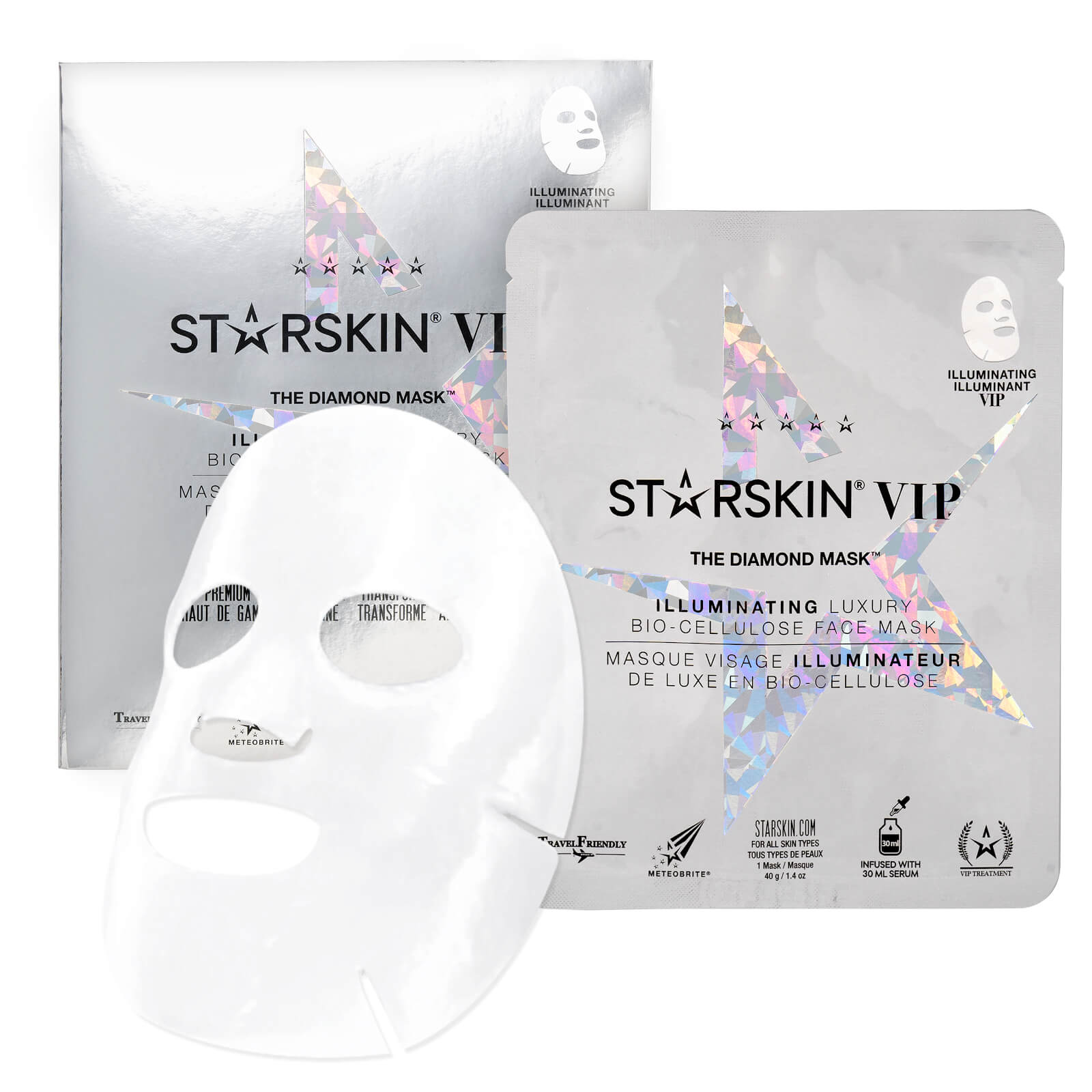 Grace Beauty STARSKIN The Diamond Mask VIP illuminating coconut bio-cellulose face mask on skin, showing its luxurious texture and design.