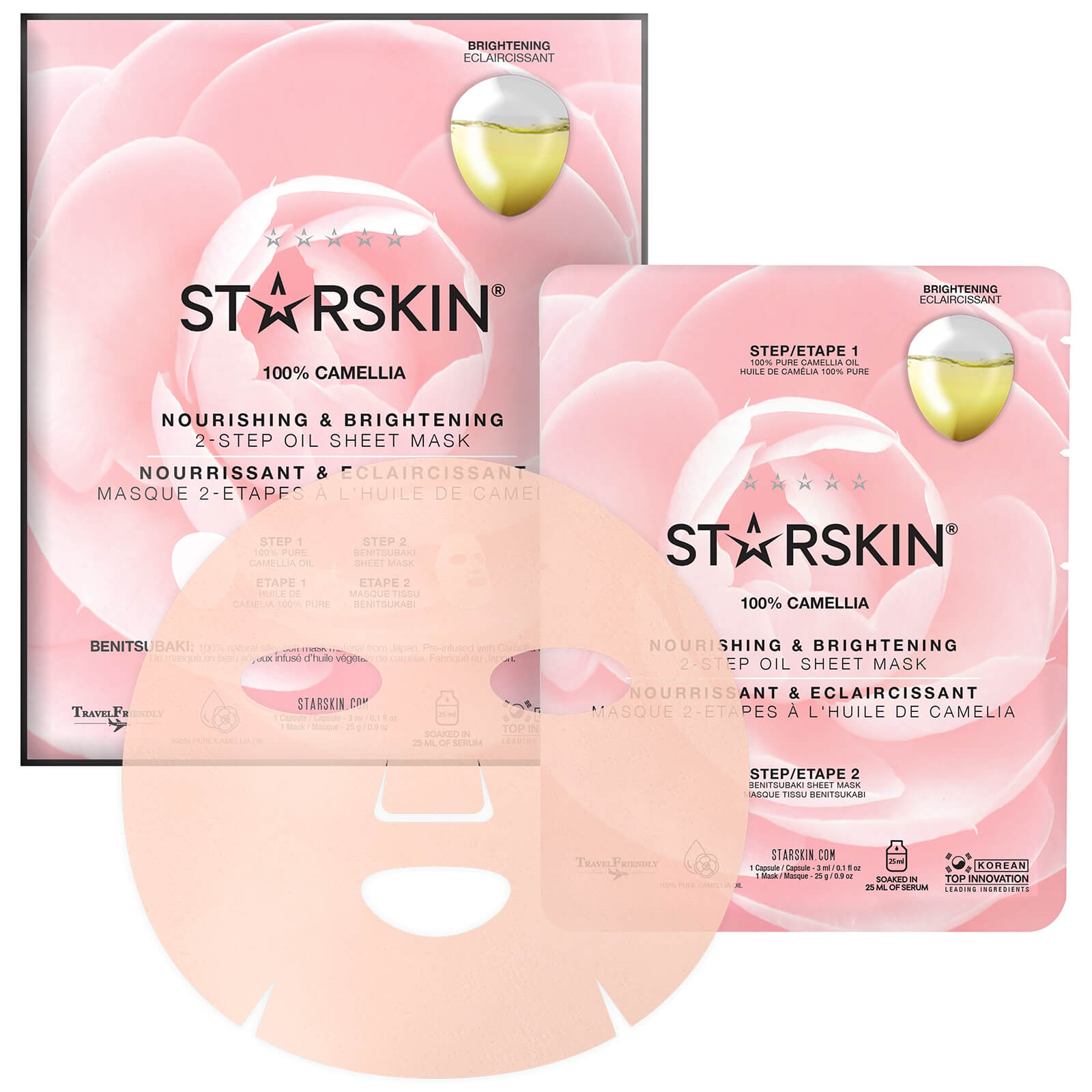 Grace Beauty STARSKIN Camellia 2-Step Oil Sheet Mask for nourishing and brightening skin care, featuring a close-up of the mask sheets.