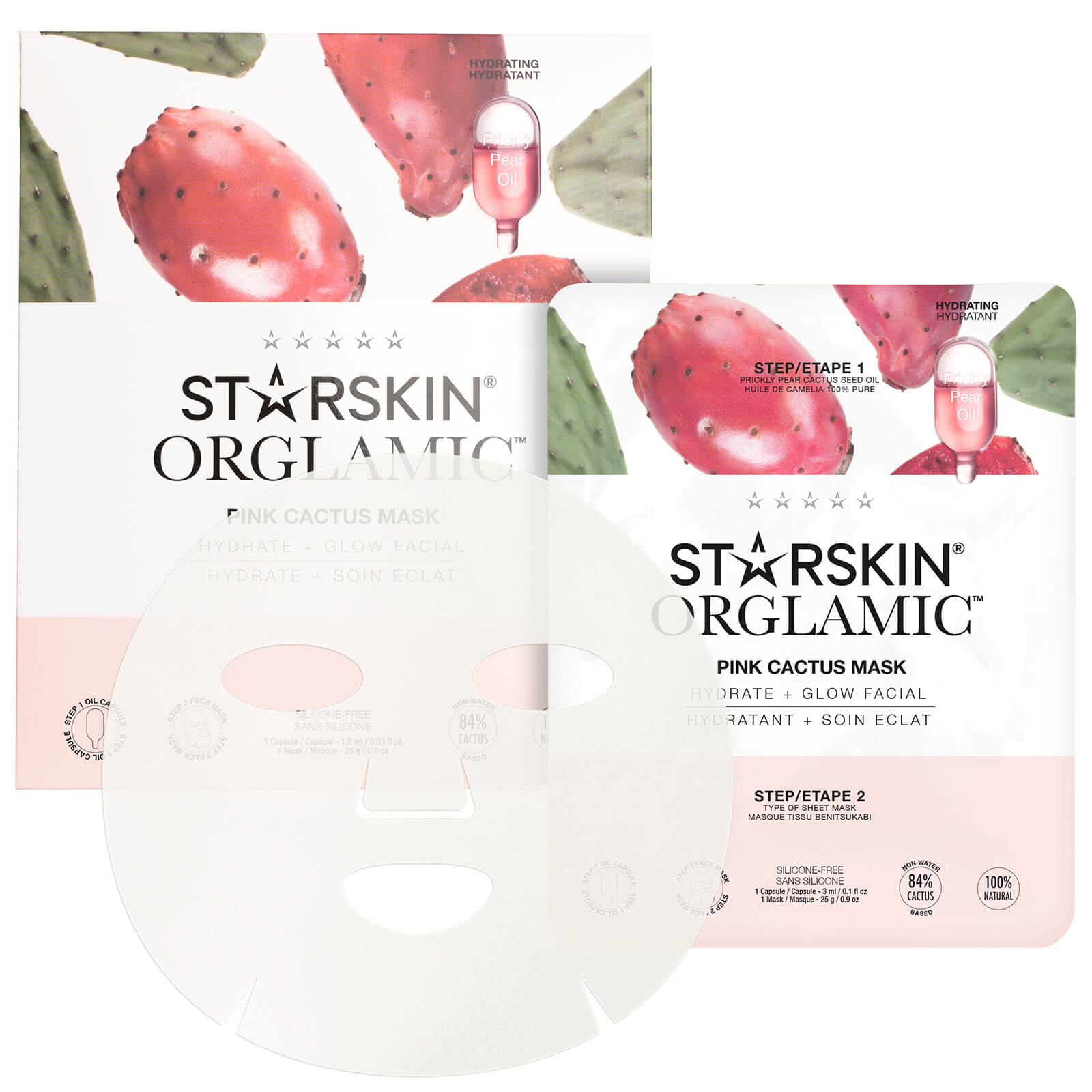 Grace Beauty STARSKIN Orglamic Pink Cactus Oil Mask for hydrating and glowing skin, visible pink cactus extract and mask texture.