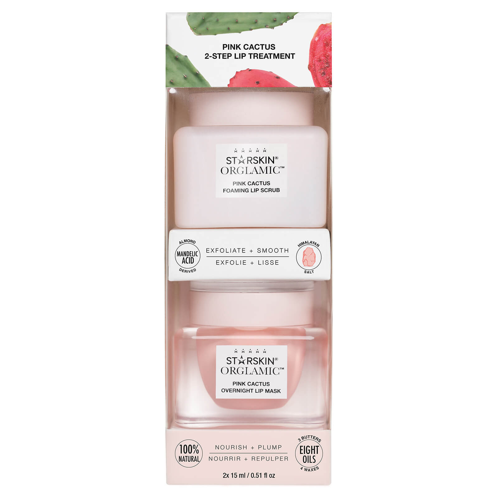 Grace Beauty Starskin Orglamic Pink Cactus lip treatment with exfoliating scrub and nourishing mask in a 2-step lip balm set.