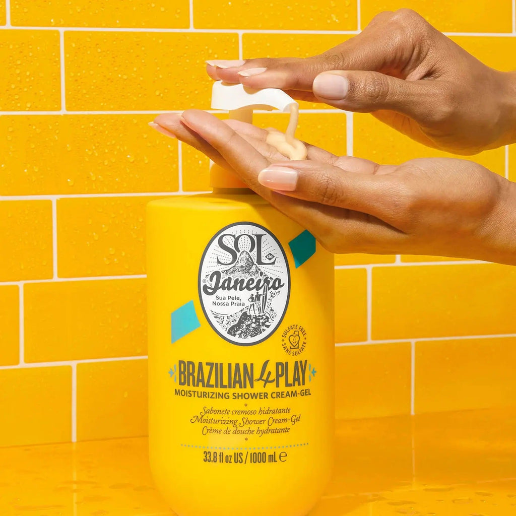 Sol de Janeiro Brazilian 4 Play Moisturizing Shower Cream-Gel in 1000ml bottle, creamy texture, and tropical scent.