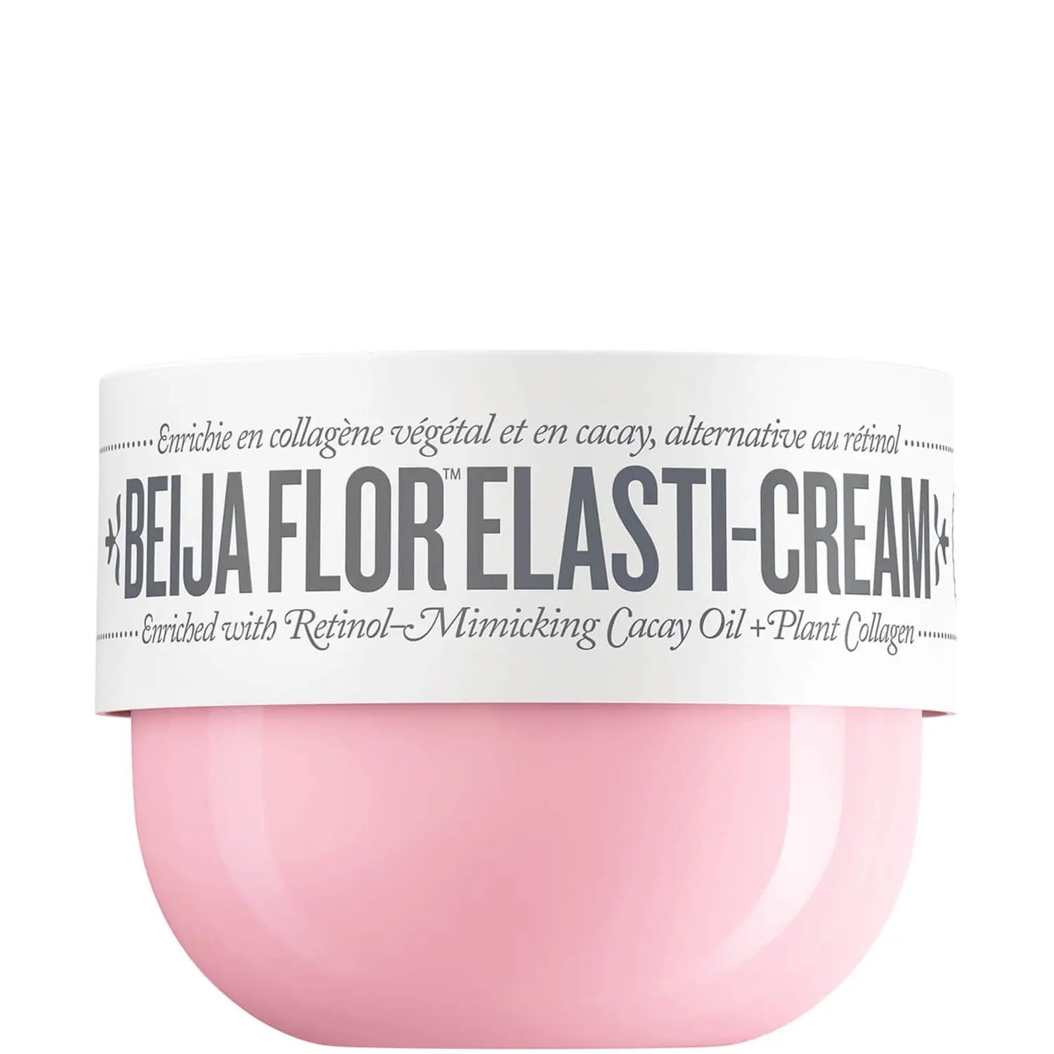 Sol de Janeiro Beija Flor Elasti-Cream jar with pink and white packaging, used for skin care and skin elasticity.