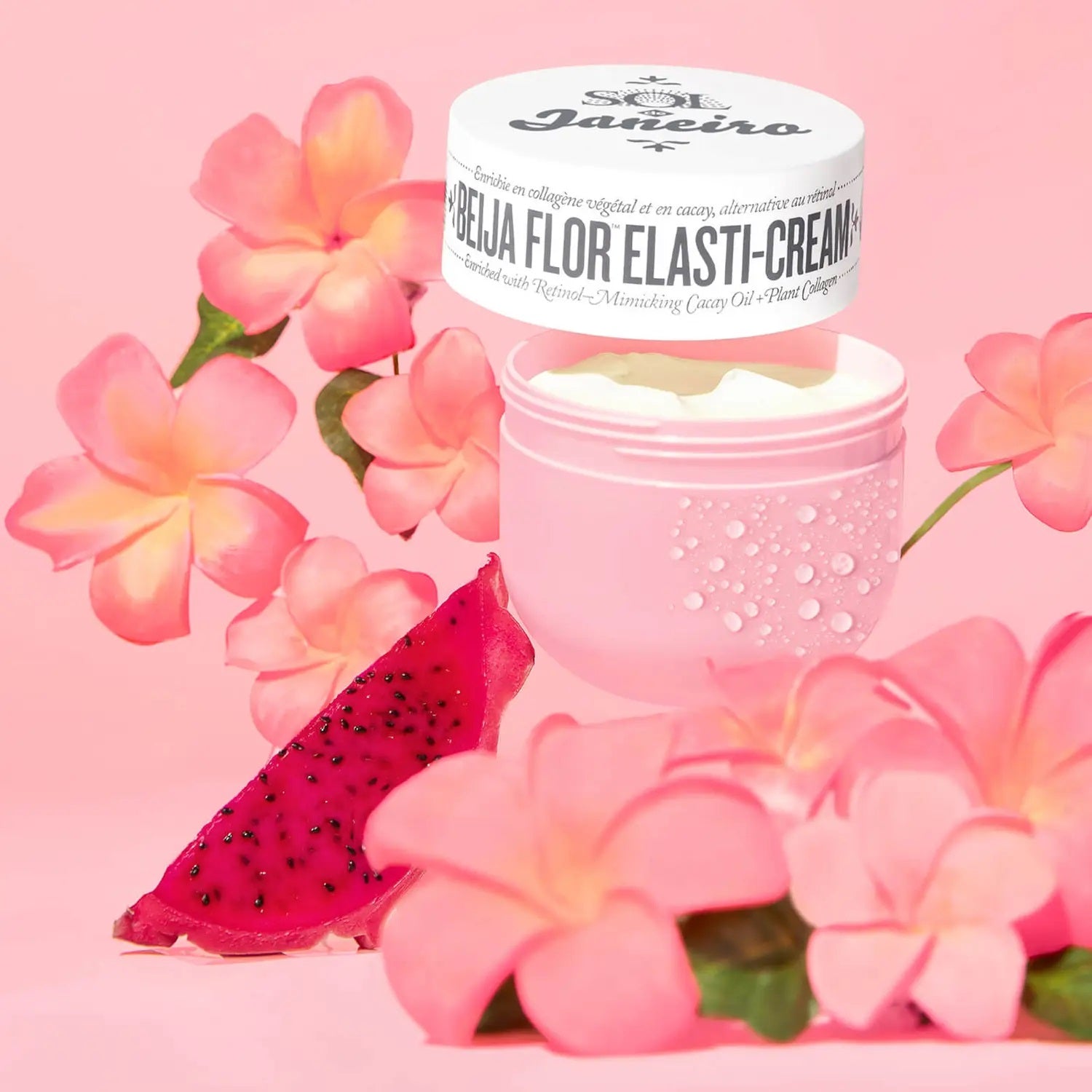 Sol de Janeiro Beija Flor Elasti-Cream 240ml jar showing creamy texture and vibrant packaging for skin care.