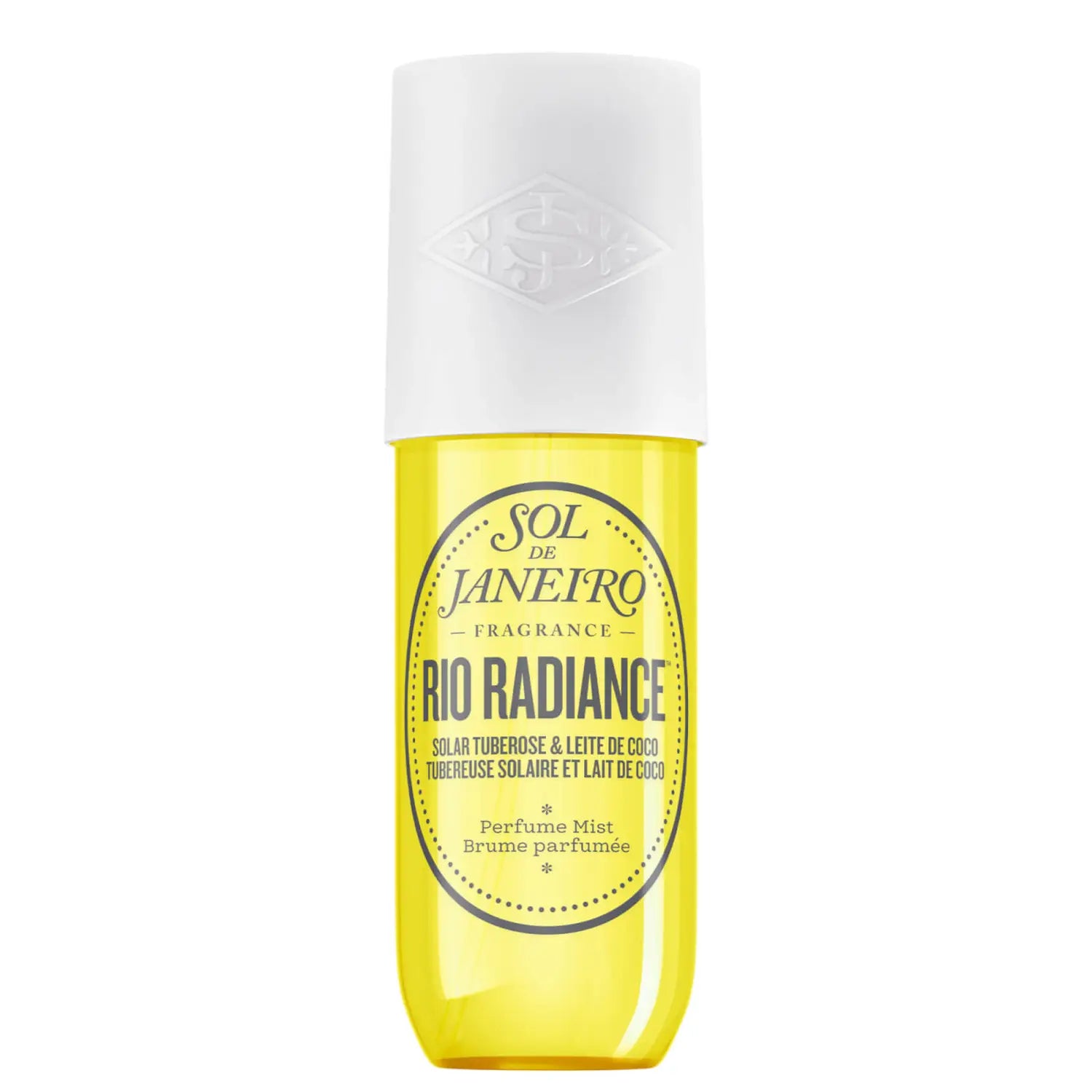 Limited edition Sol de Janeiro Rio Radiance perfume mist by Grace Beauty, 240ml spray bottle with tropical floral design.