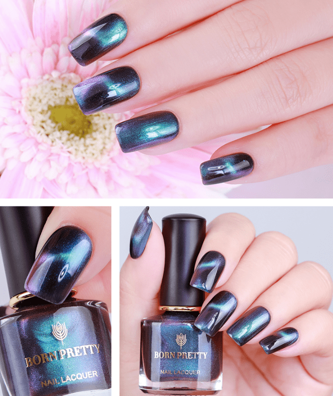 Cashymart magnetic nail polish bottle with a sleek design, showcasing the shimmering, color-changing effect of the nail polish.