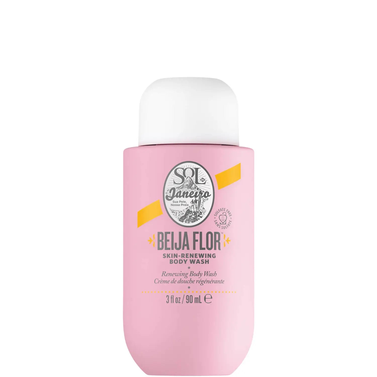 Grace Beauty Sol de Janeiro Beija Flor body wash in 90ml bottle, moisturizing lotion with tropical scent and vibrant packaging.