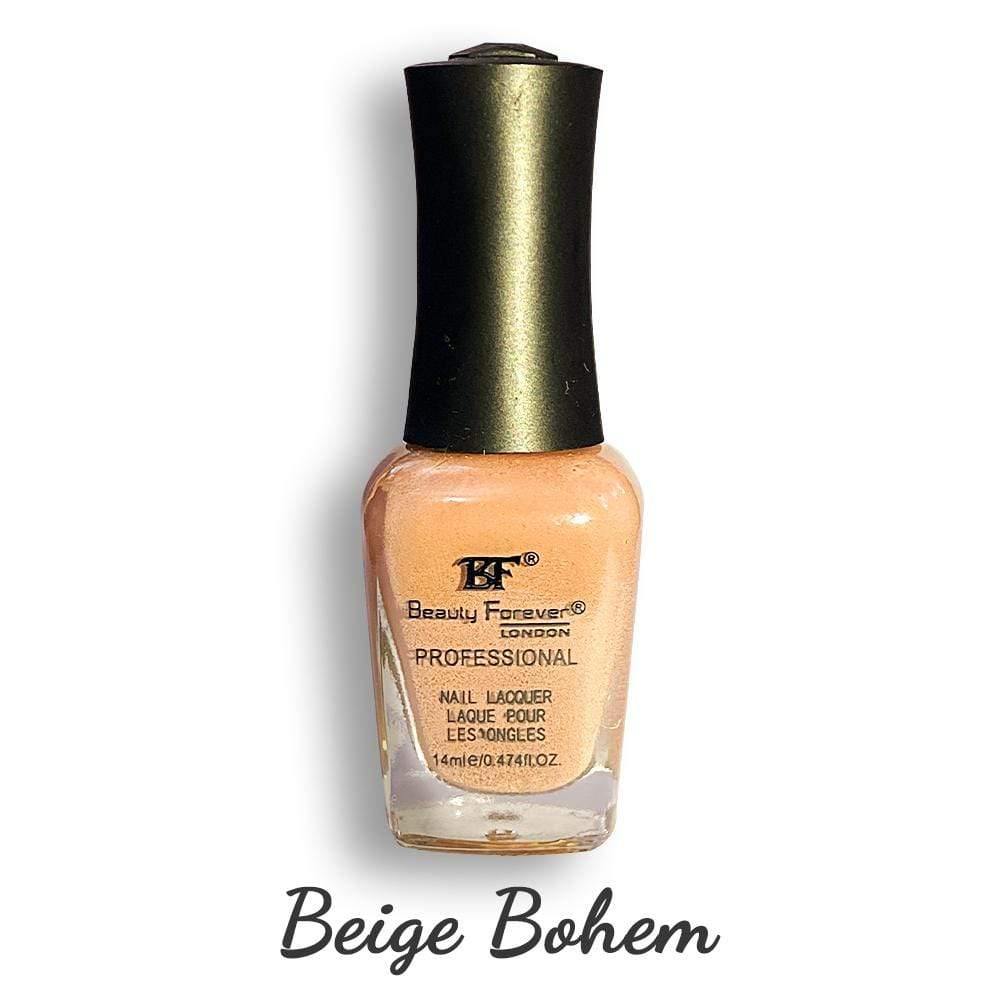 Beauty Forever professional beige nail lacquer in 14ml bottle, showcasing smooth, glossy nails with a neutral beige polish.