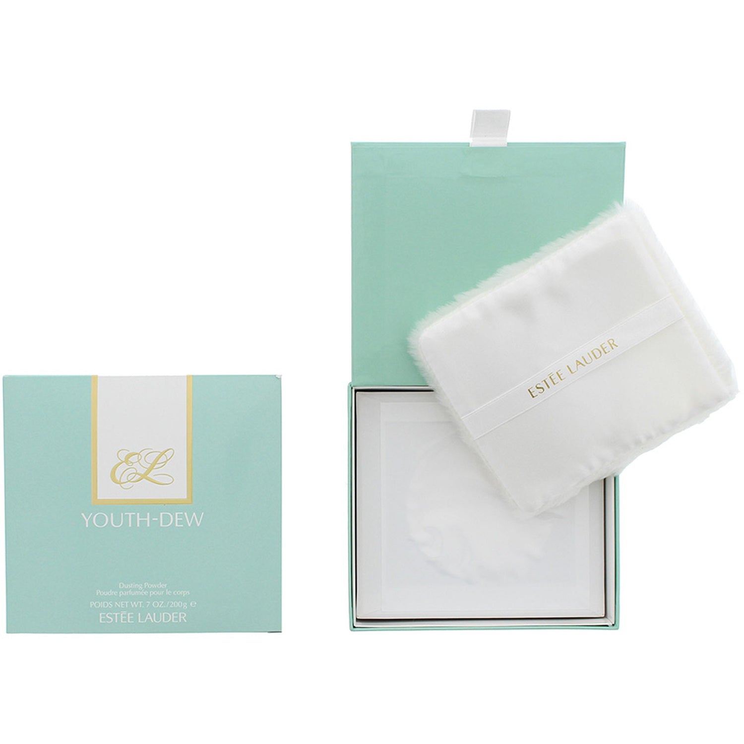 Estée Lauder Youth-Dew fragranced dusting powder in a 200g container, displayed with a soft, elegant presentation.