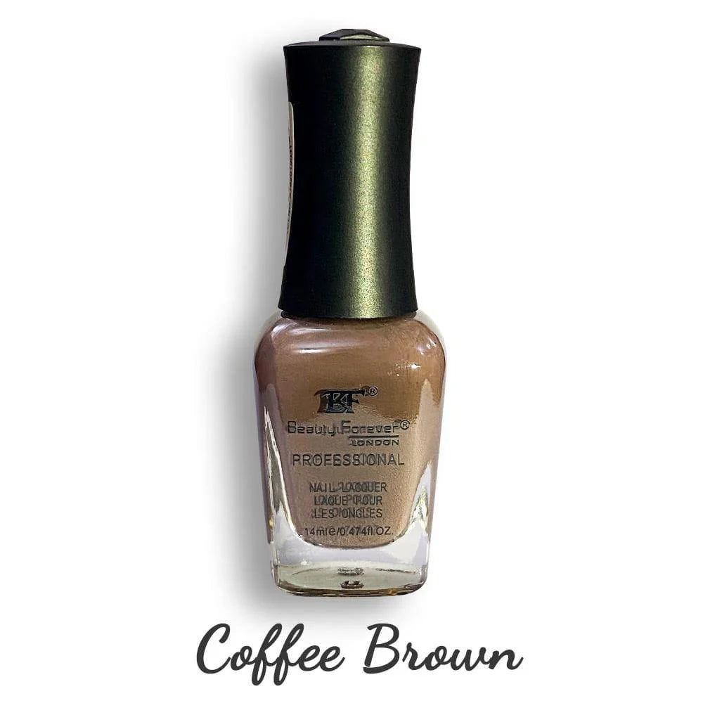 Beauty Forever BF professional coffee brown nail lacquer in 14ml bottle, showcasing smooth, glossy nails with rich coffee brown color.