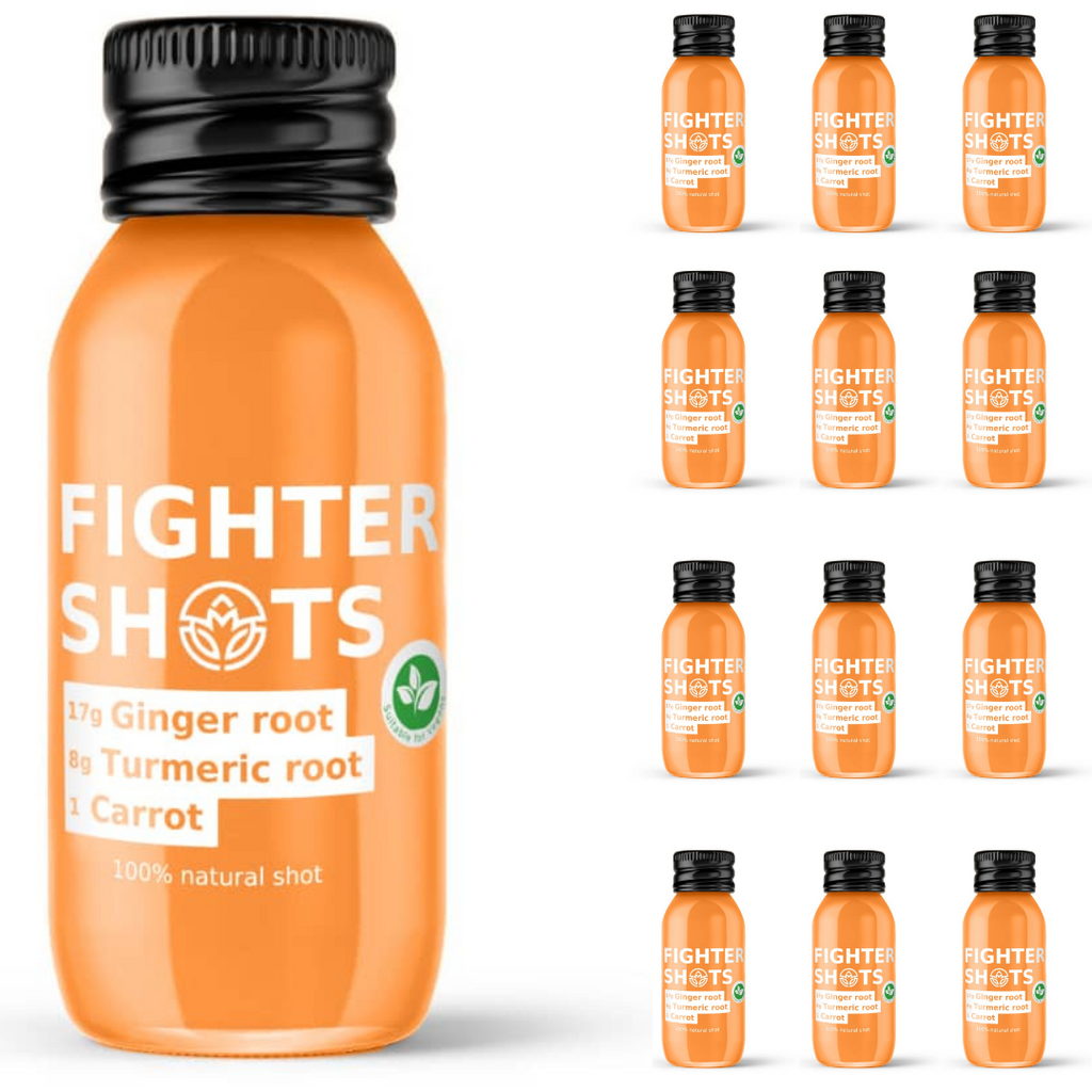 Fighter Shots vegan wellness shot with carrot, ginger, and turmeric in a 60ml bottle, cold-pressed for natural health benefits.
