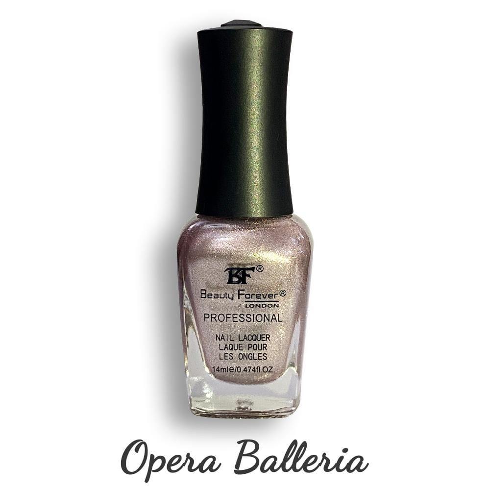 Beauty Forever BF professional nail lacquer in 14ml, with a glossy opera ballerina shade, featuring a sleek nail polish bottle.