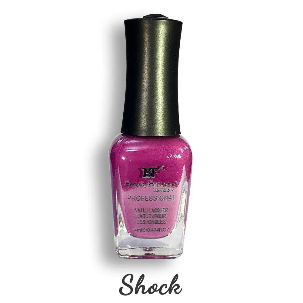Beauty Forever BF professional nail lacquer 14ml bottle with vibrant pink shock color, showcasing glossy nails.