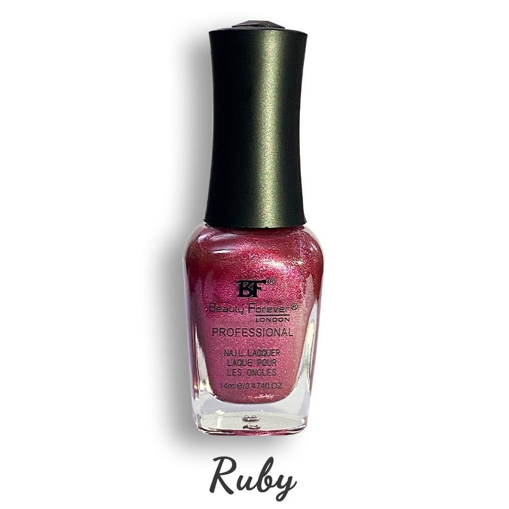 Beauty Forever BF professional nail lacquer in Ruby color, 14ml bottle, with vibrant red nail polish visible in the image.