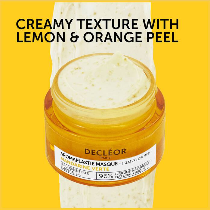 Decleor Green Mandarin Aromaplastie Glow Booster Mask in 50ml jar, creamy texture for skin revitalization and brightening.