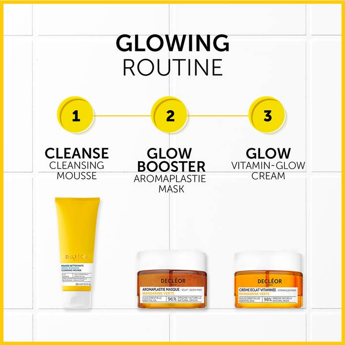 Decléor Green Mandarin Aromaplastie Glow Booster Mask in 50ml jar, featuring fresh green mandarin and botanical ingredients for glowing skin