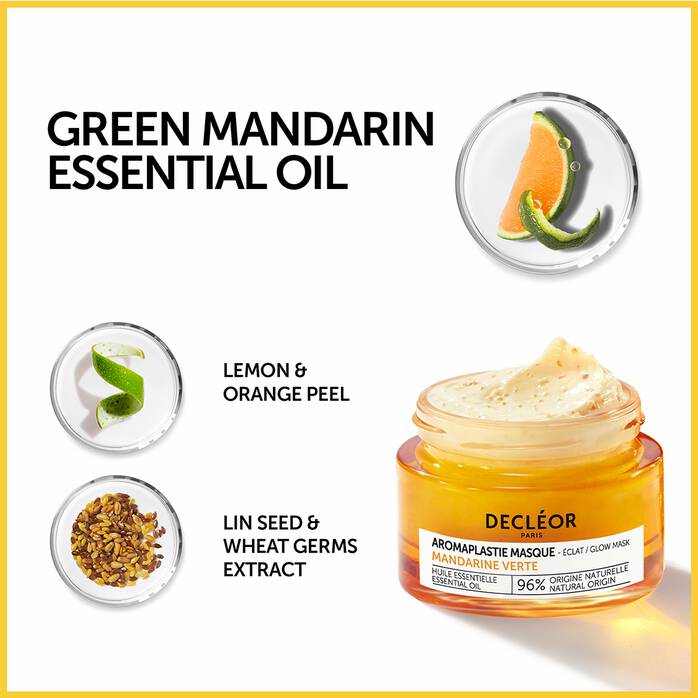Decléor Green Mandarin Aromaplastie Glow Booster Mask in 50ml jar, natural ingredients for revitalizing skin care.