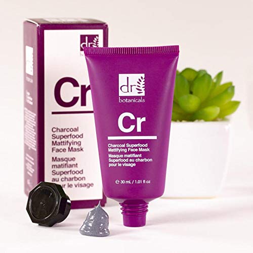 Dr Botanicals Charcoal Superfood face mask in 30ml vegan skincare tube, designed for mattifying and deep cleansing skin.