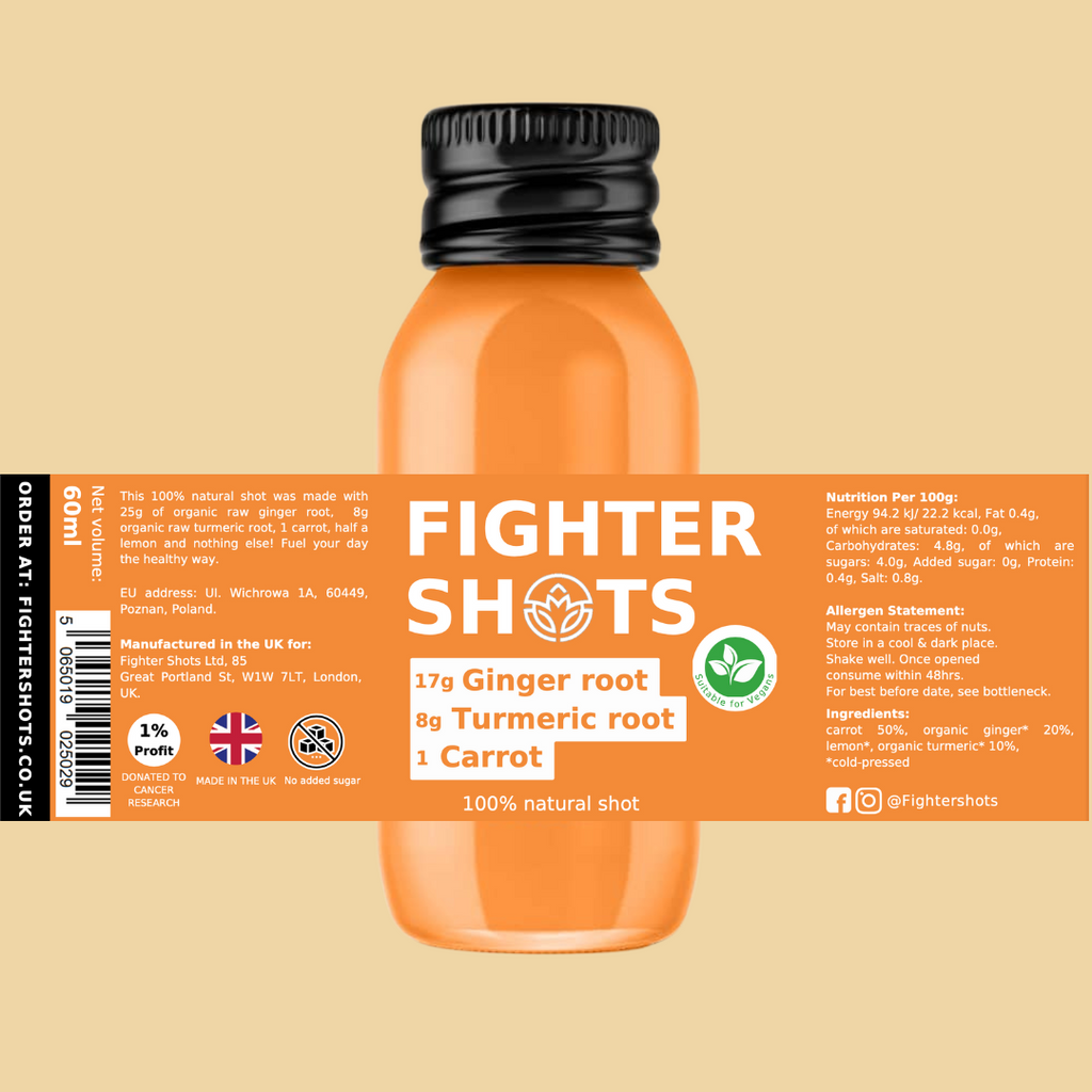 Vegan Fighter Shots wellness shot with carrot, ginger, and turmeric in a 60ml glass bottle, cold-pressed for health benefits