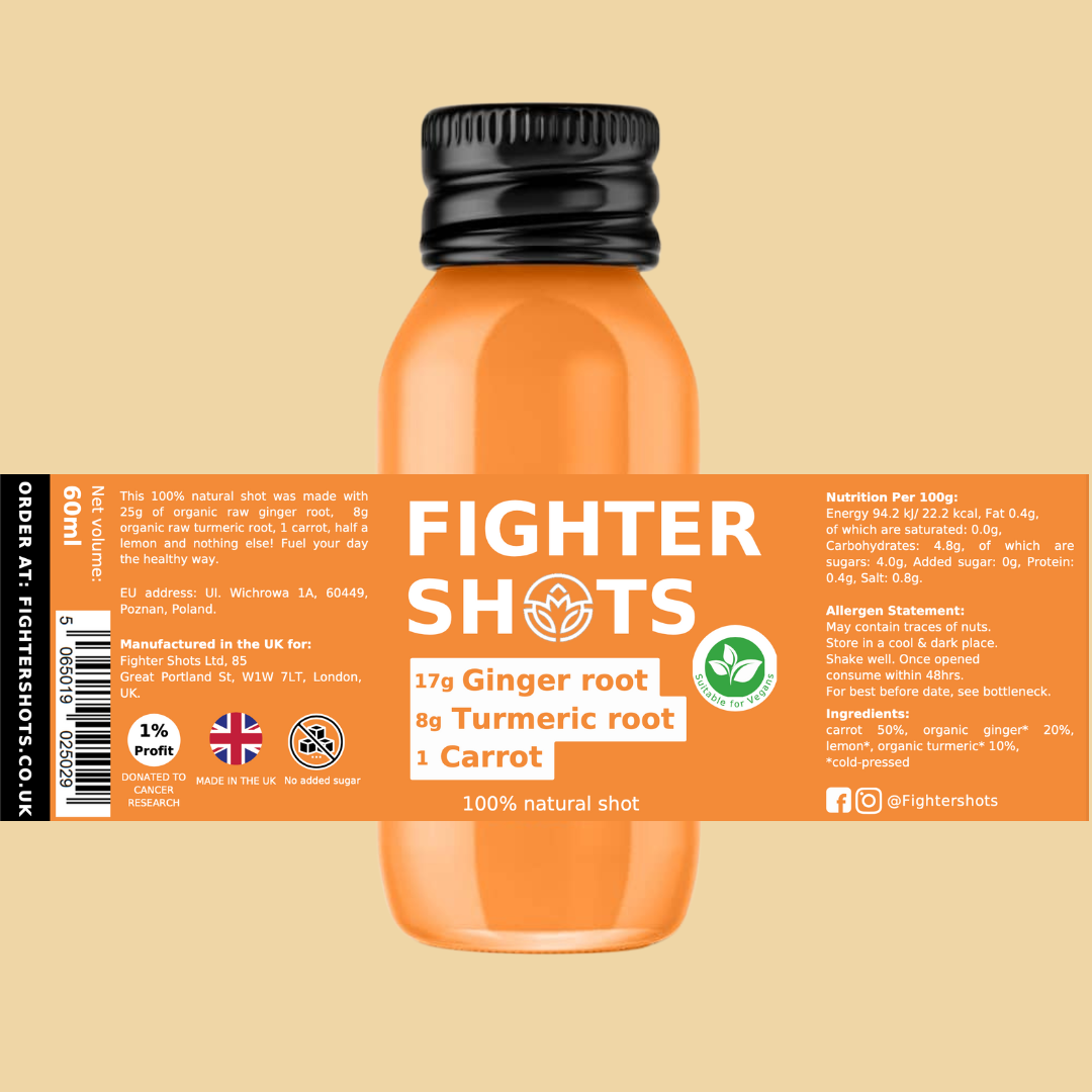 Vegan Fighter Shots wellness shot with carrot, ginger, and turmeric in a 60ml glass bottle, cold-pressed for health benefits