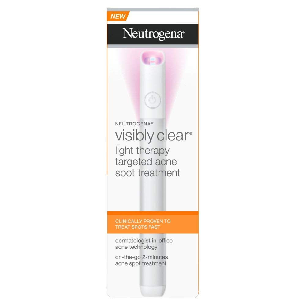 Neutrogena Visibly Clear Light Therapy acne spot treatment in a sleek white device with blue light, designed for targeted skin care.