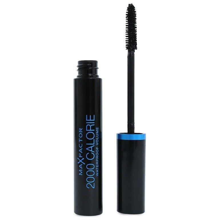 Max Factor 2000 Calorie Waterproof Volume Mascara in Rich Black, 9ml, with a curved brush for bold, volumized lashes