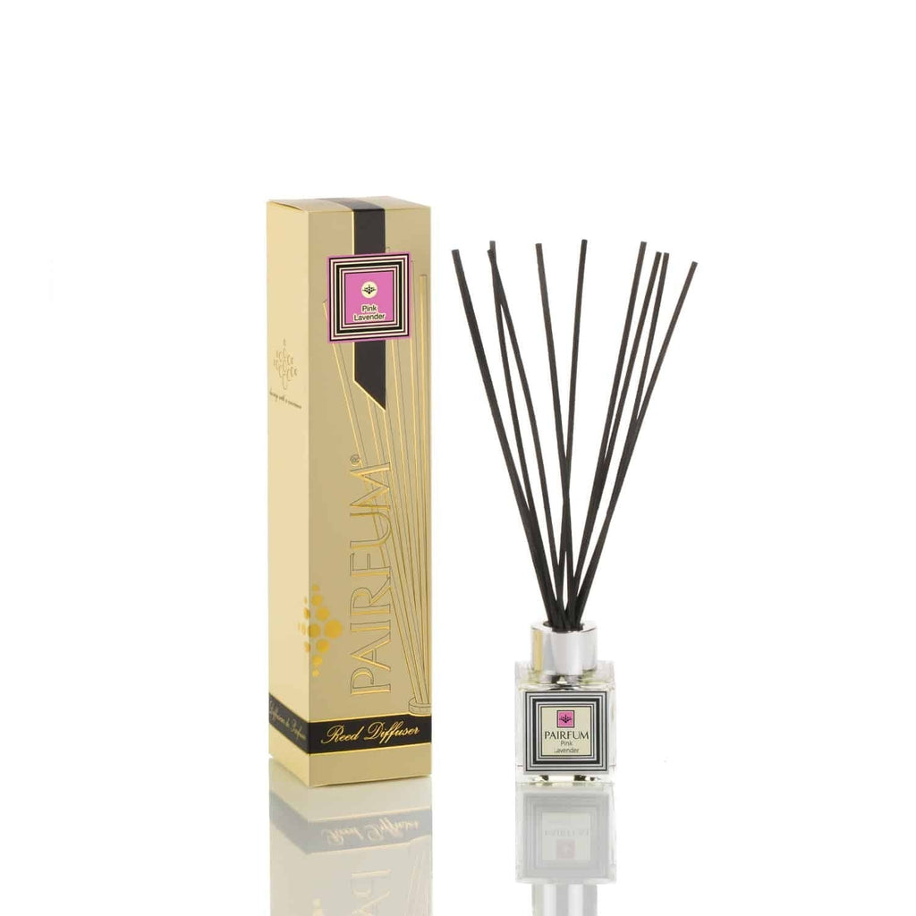 Pairfum London luxury reed diffuser in pink lavender scent with 10 black reeds, 50 ml bottle, by Grace Beauty.