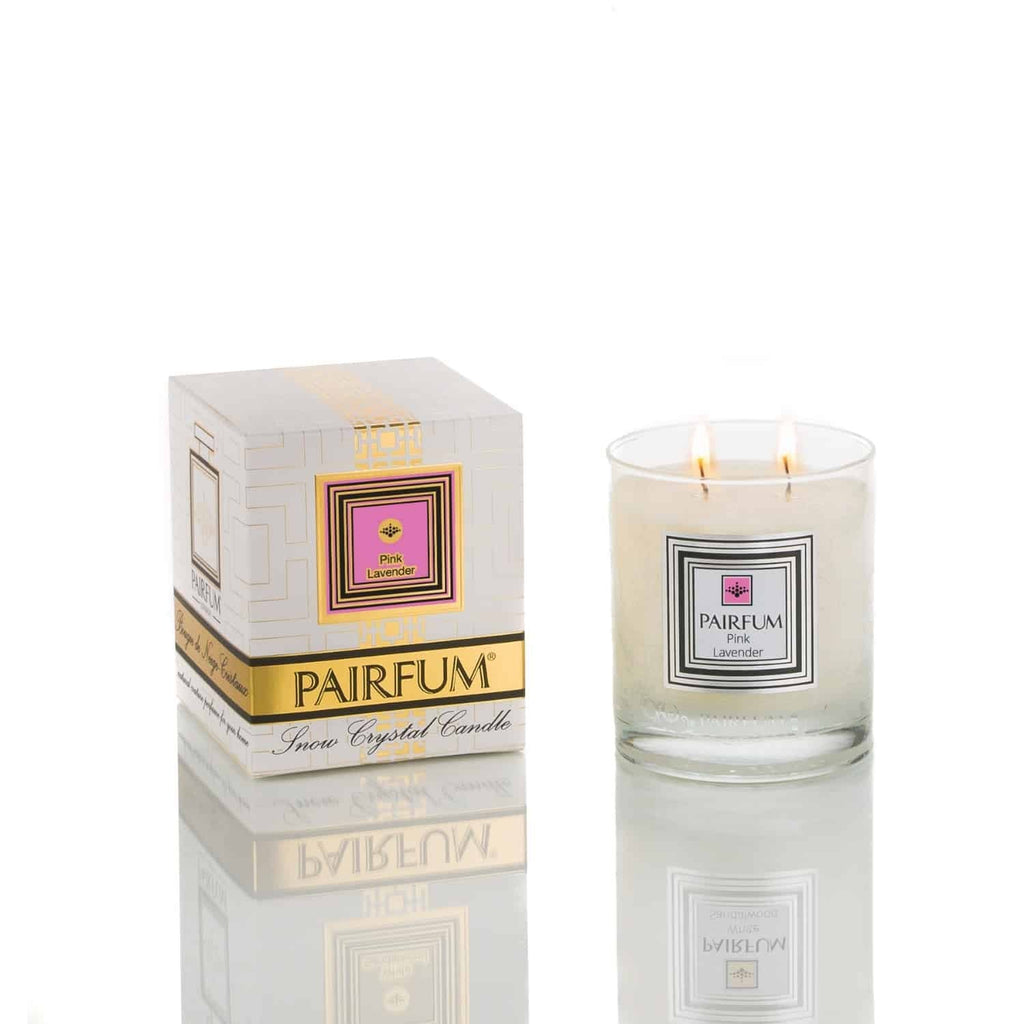 Pairfum London The Snow Crystal Candle with pink lavender scent, 200g, in a sleek glass container on a white background.
