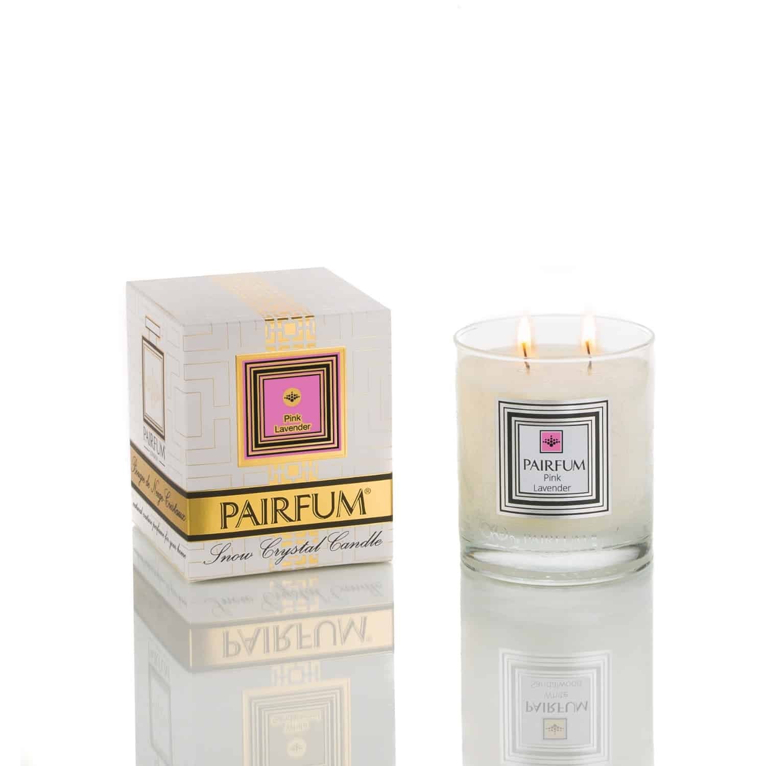 Pairfum London The Snow Crystal Candle with pink lavender scent, 200g, in a sleek glass container on a white background.