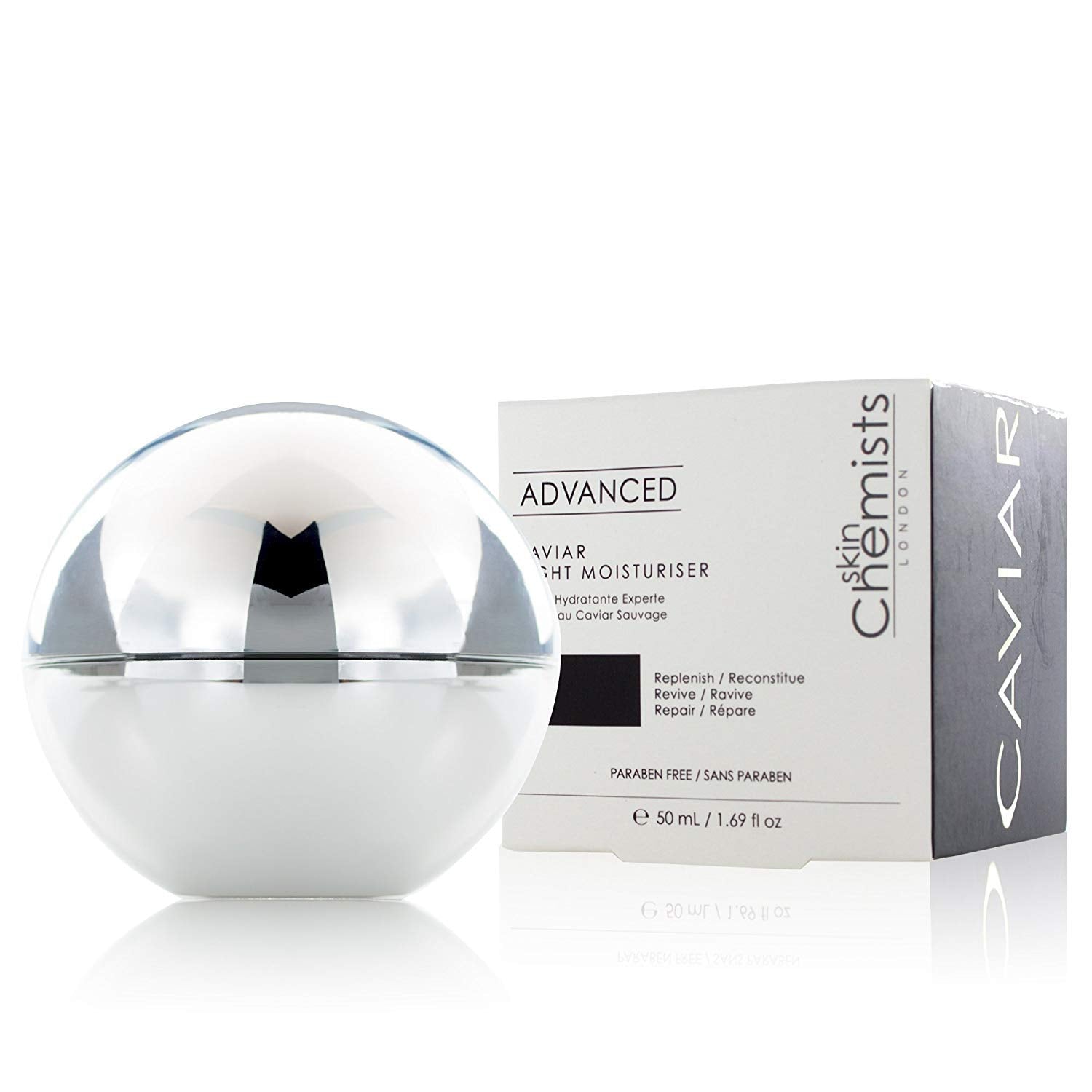 SkinChemists London Advanced Caviar Night Moisturizer 50g jar with elegant packaging, ideal for nourishing overnight skincare.