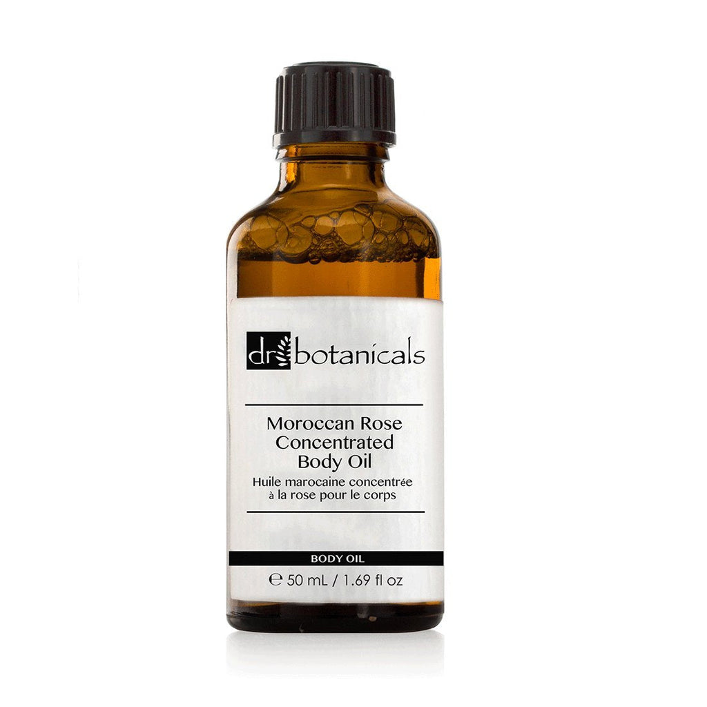 Grace Beauty Dr Botanicals Moroccan Rose Body Oil in 50ml bottle, vegan skincare with floral rose scent, for nourishing skin.