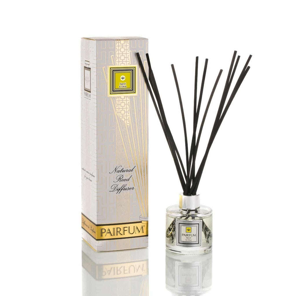 Pairfum London luxury reed diffuser in Classic Neroli & Olive with 100ml bottle and 10 reeds, elegant health and beauty fragrance.