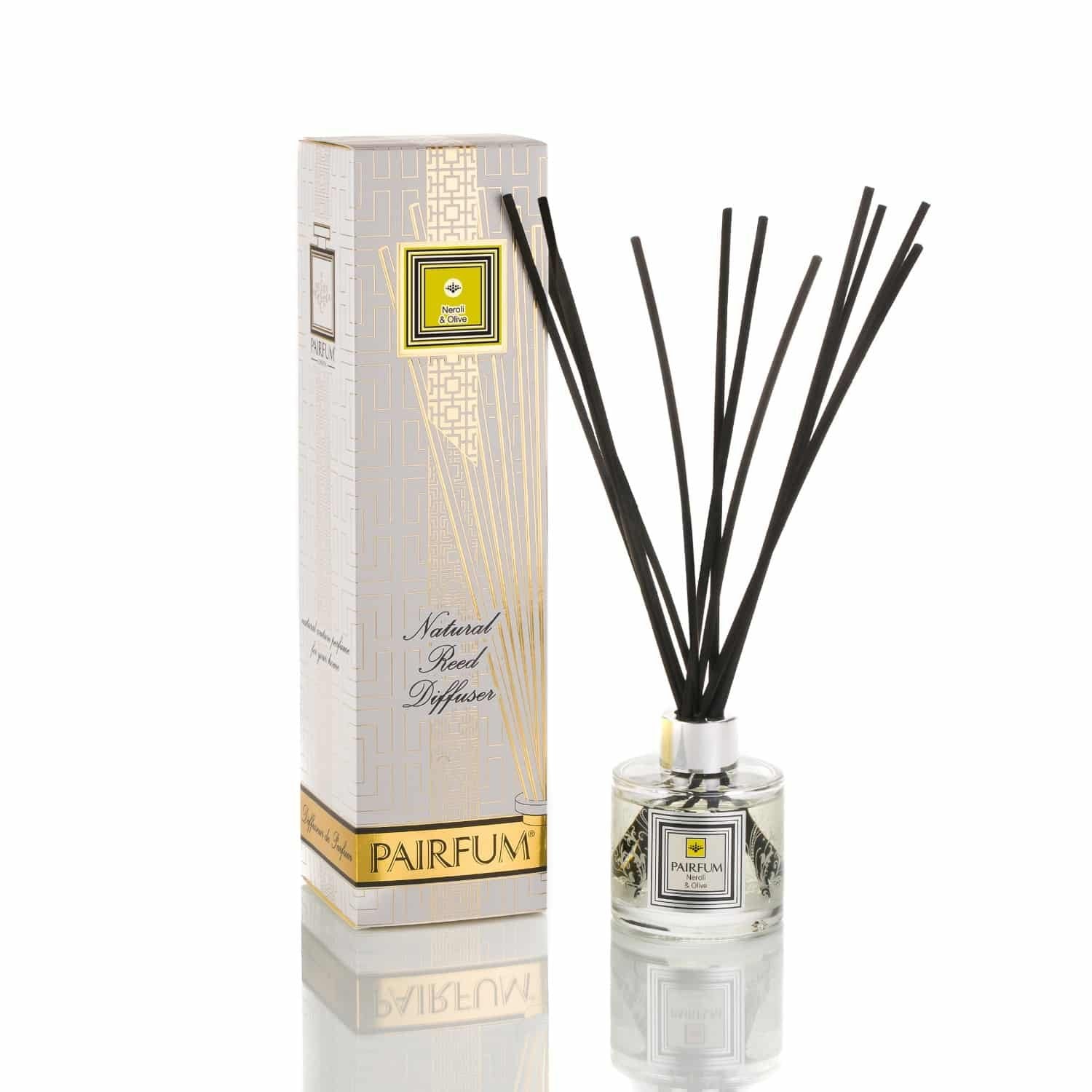 Pairfum London luxury reed diffuser in Classic Neroli & Olive with 100ml bottle and 10 reeds, elegant health and beauty fragrance.