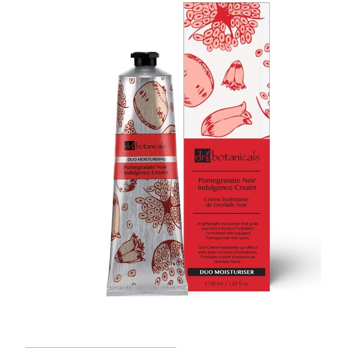 Grace Beauty Dr Botanicals Pomegranate Noir Indulgence vegan face and hand cream in 50ml jar, showing the product container.