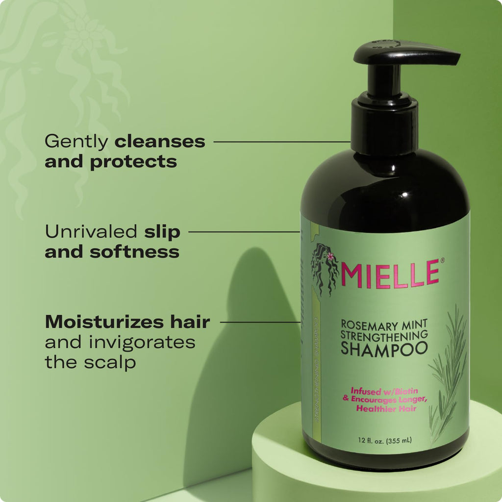 Mielle Organics Rosemary Mint Strengthening Shampoo bottle with label, 355ml, natural ingredients for healthy hair.