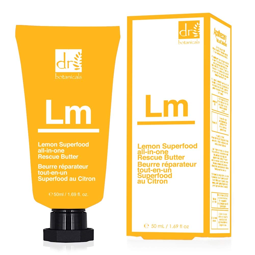 Grace Beauty Dr.botanicals Lemon Superfood All-in-One Rescue Butter 50ml vegan skin care jar with lemon-themed packaging.