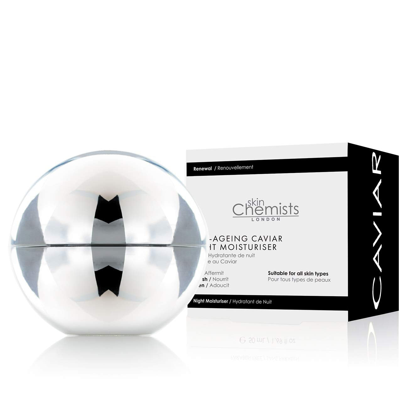 SkinChemists London Anti-Ageing Caviar Night Moisturiser jar, 50ml, with elegant packaging designed for rejuvenating skincare at night.
