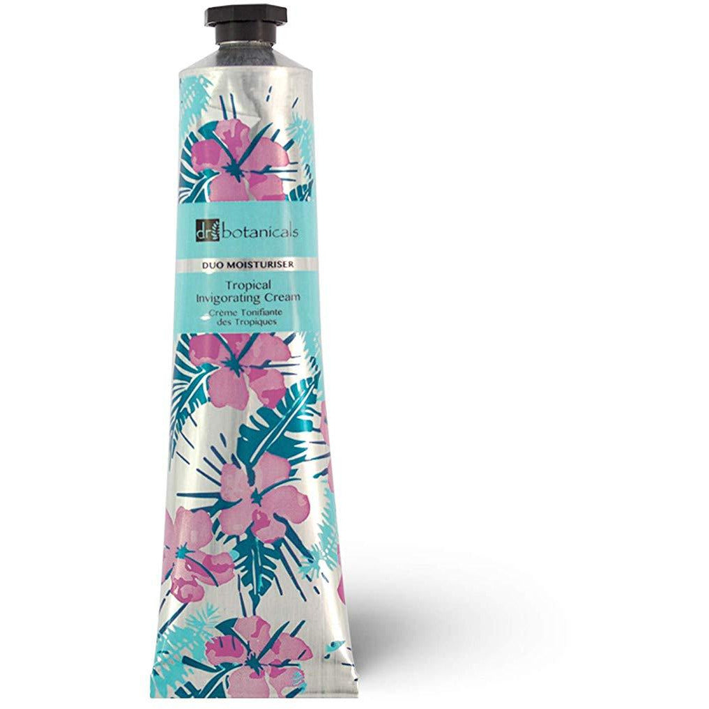Grace Beauty Dr Botanicals Tropical Invigorating face and hand cream in 50ml vegan lotion container, with tropical ingredients.