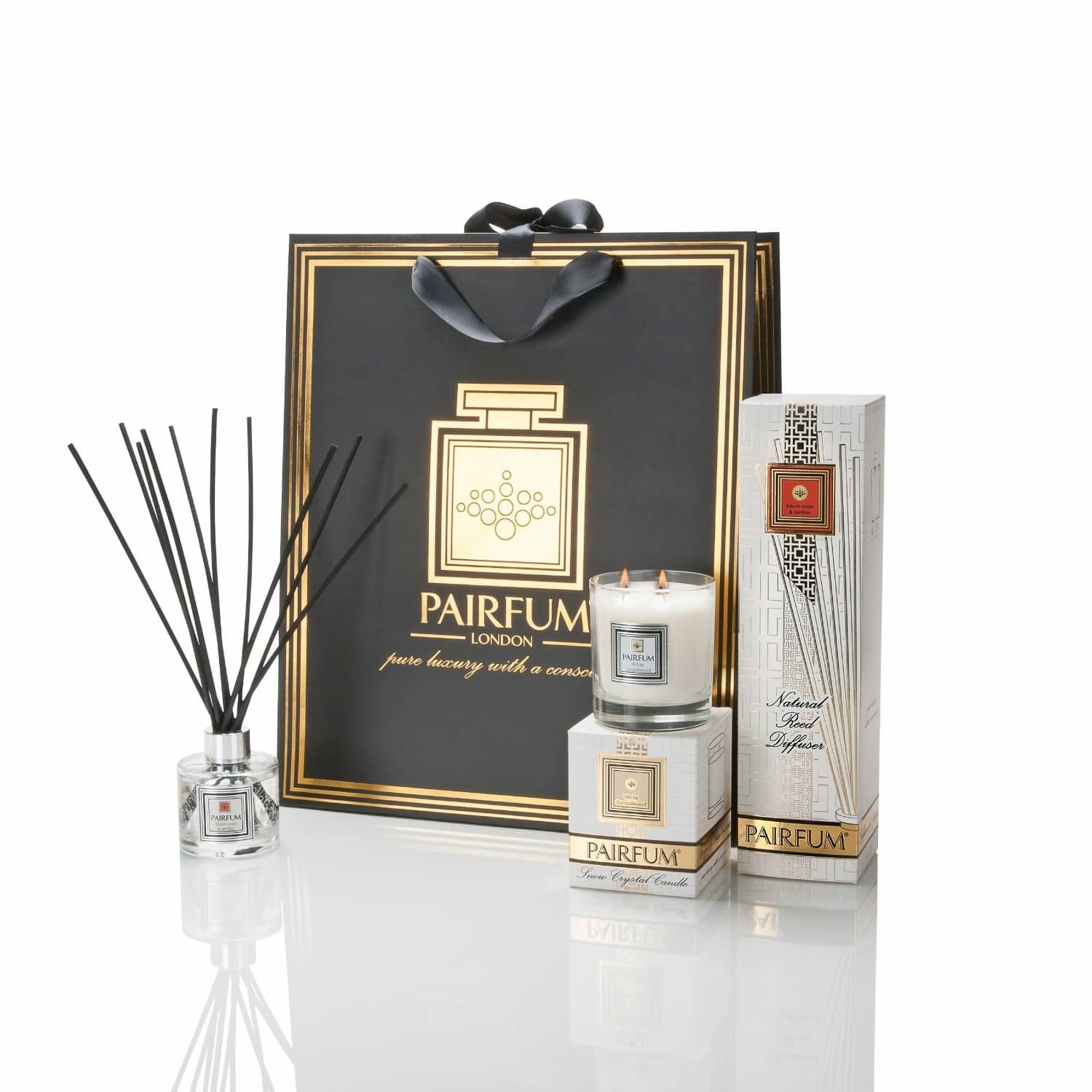 Pairfum London luxury reed diffuser with white lavender scent, 100ml, black reeds, stylish glass bottle, by Grace Beauty.