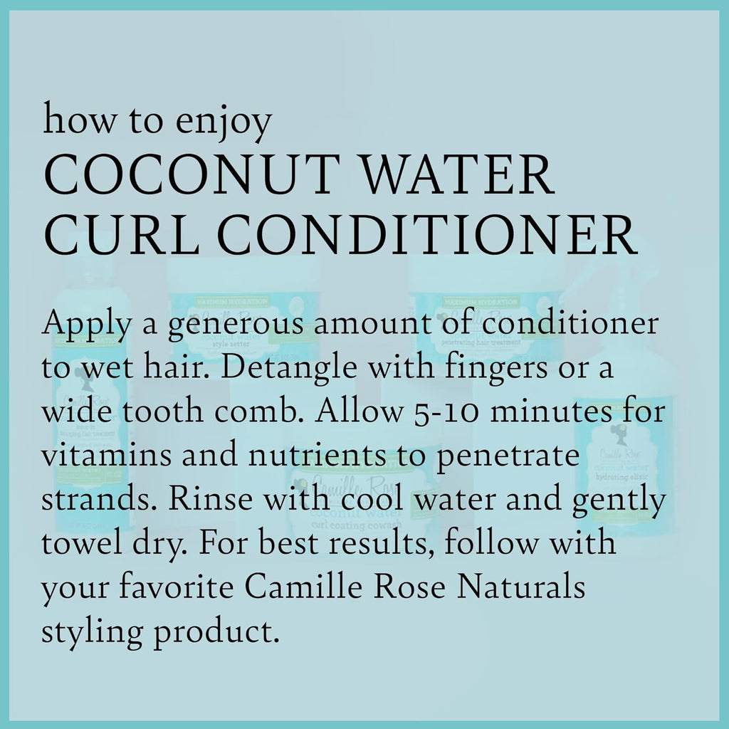 Camille Rose Naturals Coconut Water Curl Conditioner in 354ml bottle, designed for curly hair hydration and nourishment