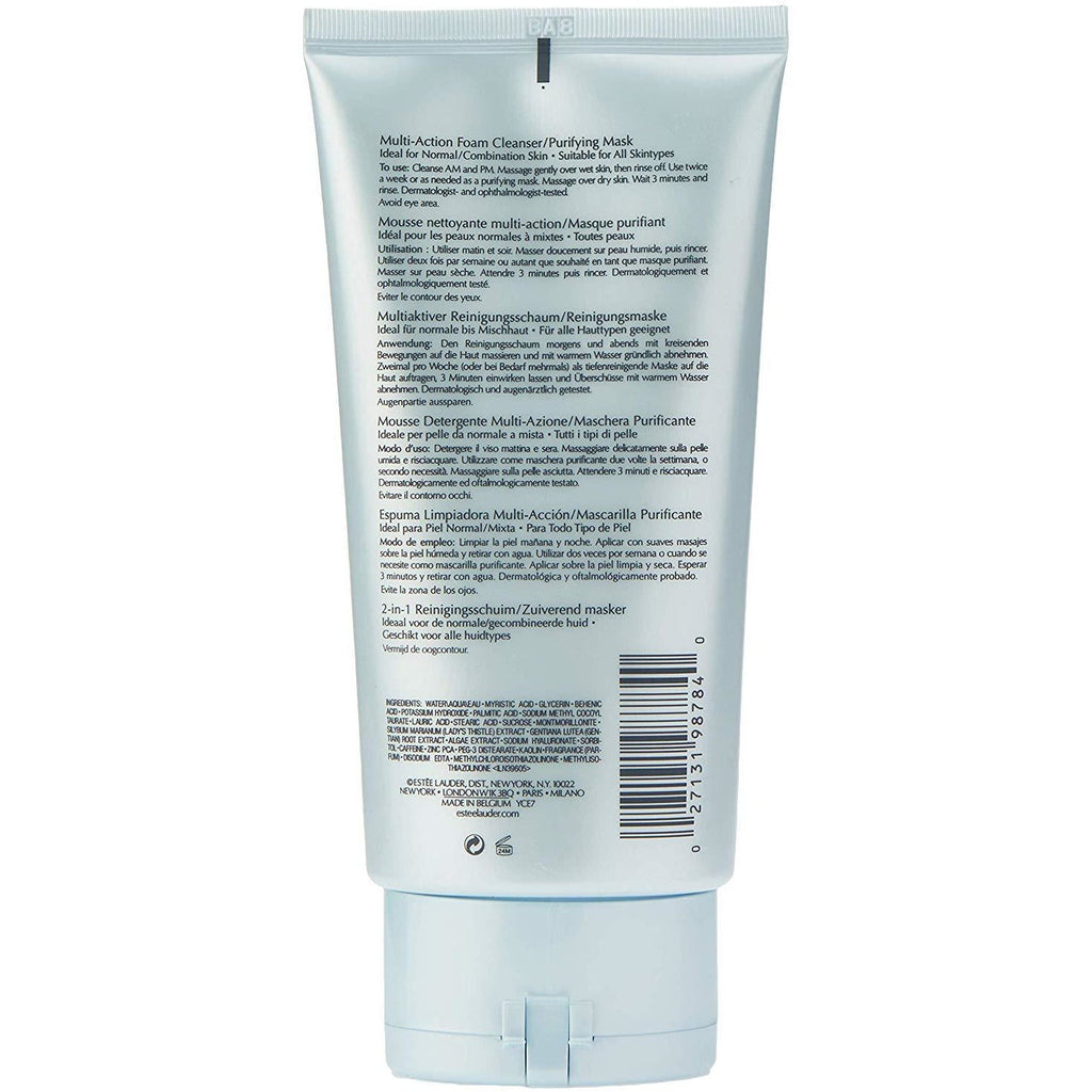 Estée Lauder Perfectly Clean multi-action foam cleanser and purifying mask in 150ml bottle, with a white and blue packaging design