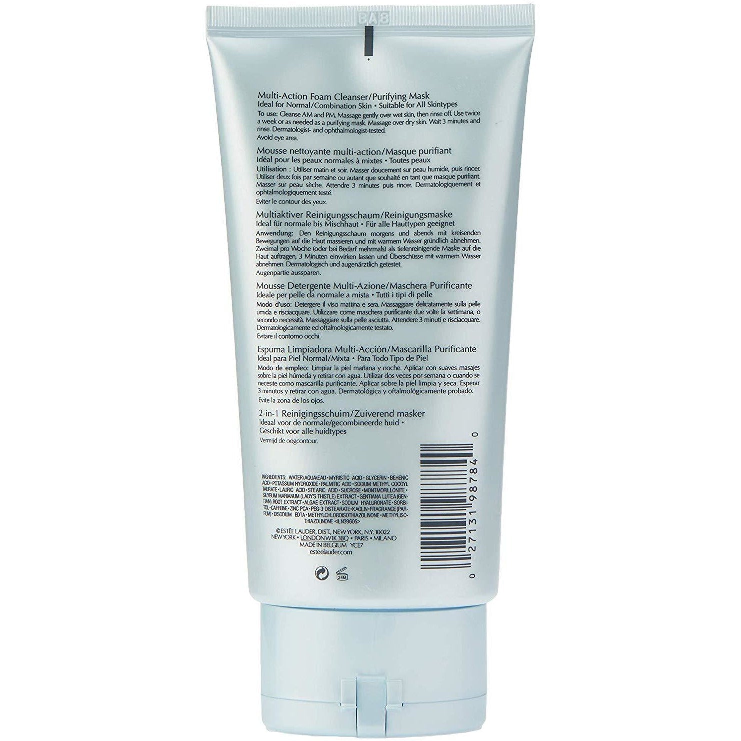 Estée Lauder Perfectly Clean multi-action foam cleanser and purifying mask in 150ml bottle, with a white and blue packaging design