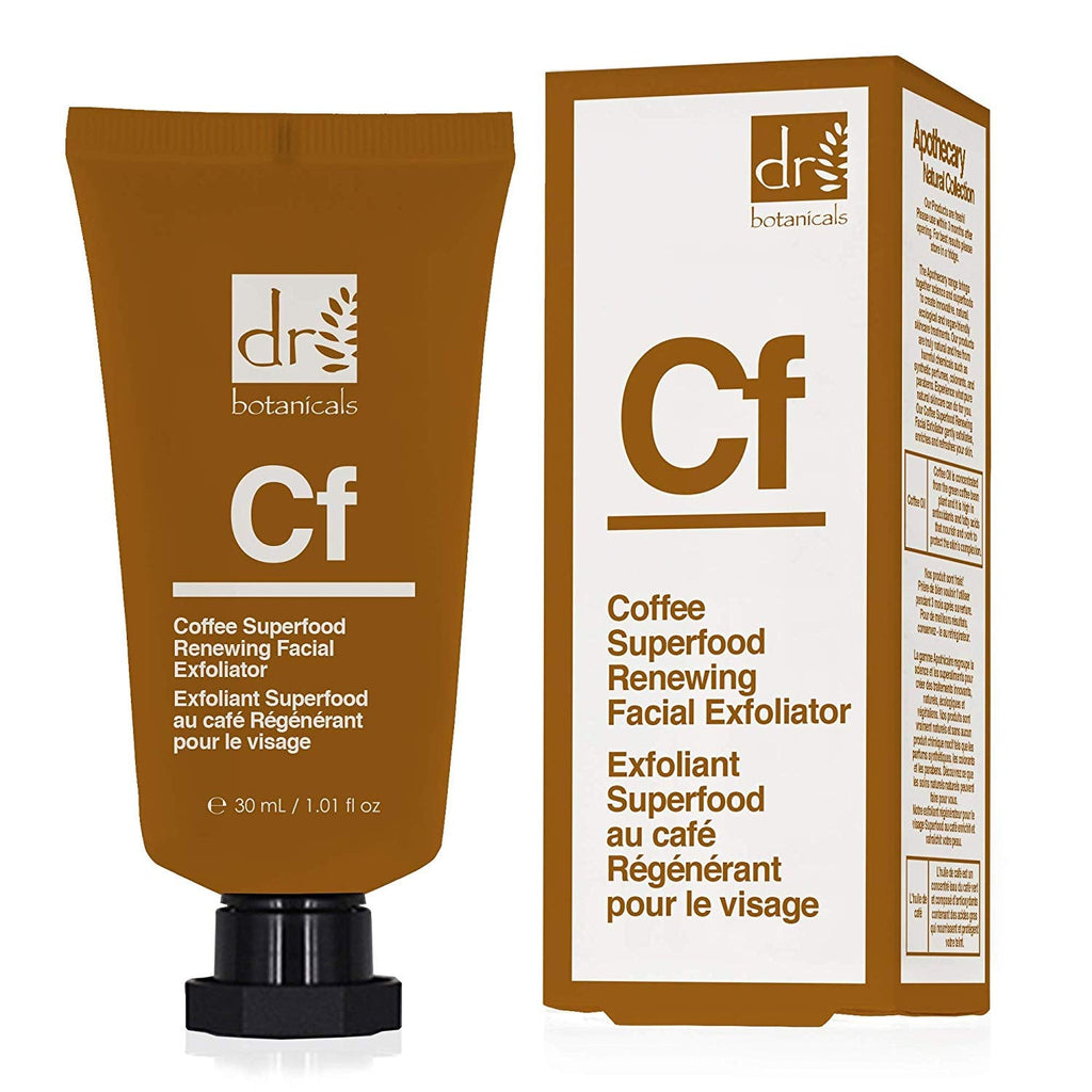 Grace Beauty Dr Botanicals Coffee Superfood Renewing Facial Exfoliator in 30ml vegan skin care tube with coffee grounds and natural ingredients.