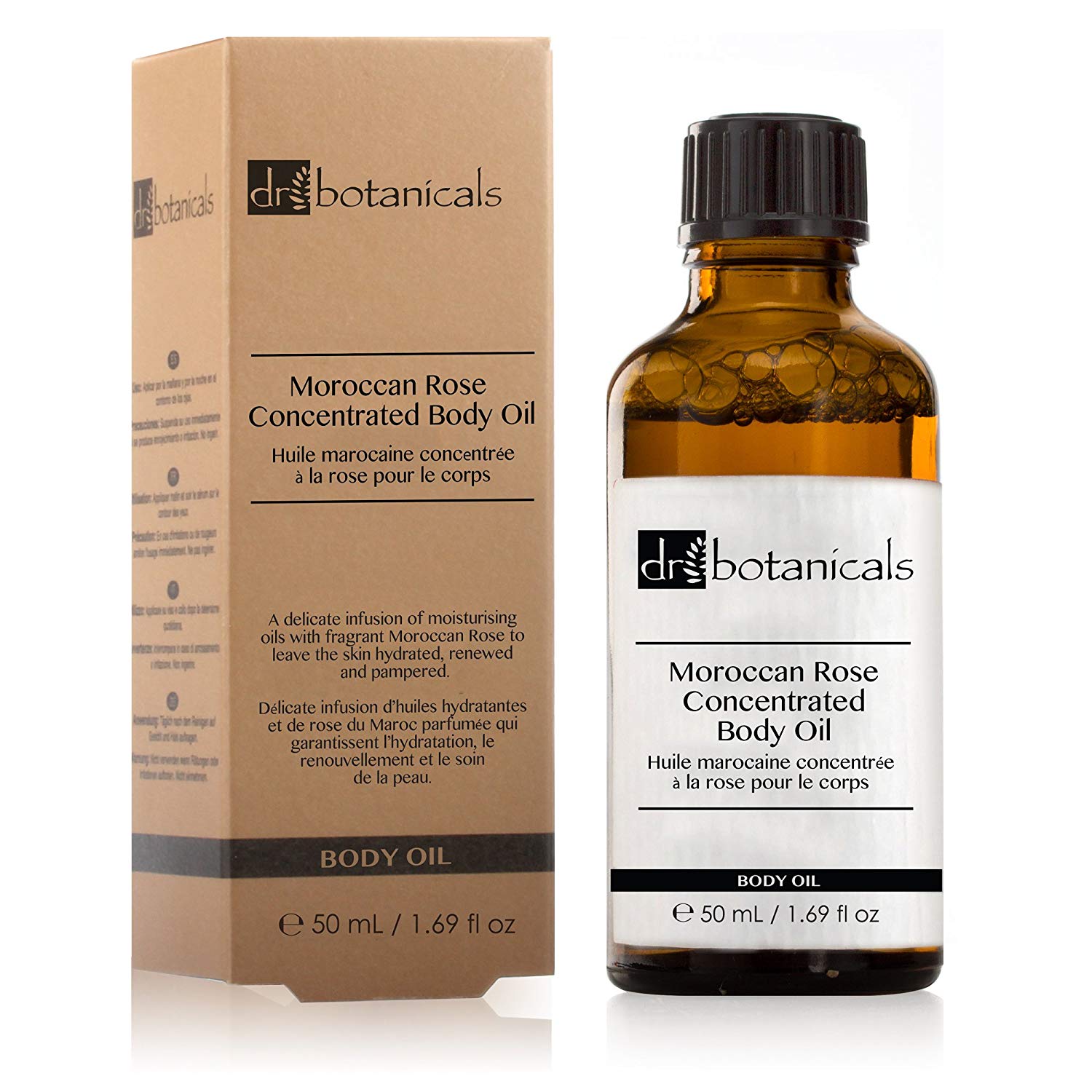 Grace Beauty Dr Botanicals Moroccan Rose Body Oil 50ml vegan bottle with rose scent and nourishing oil, elegant packaging.