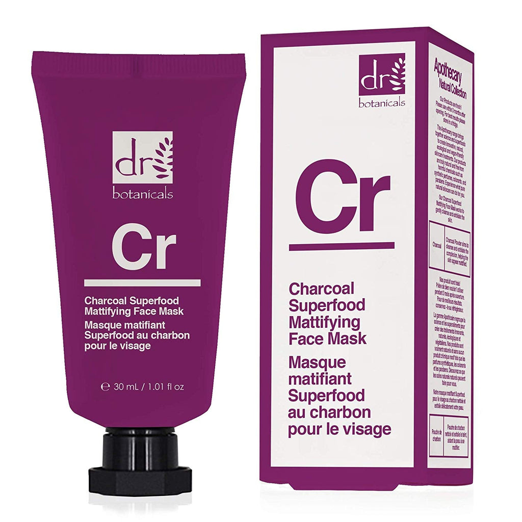 Dr Botanicals Charcoal Superfood face mask in 30ml vegan skin care tube, designed for mattifying and purifying skin.